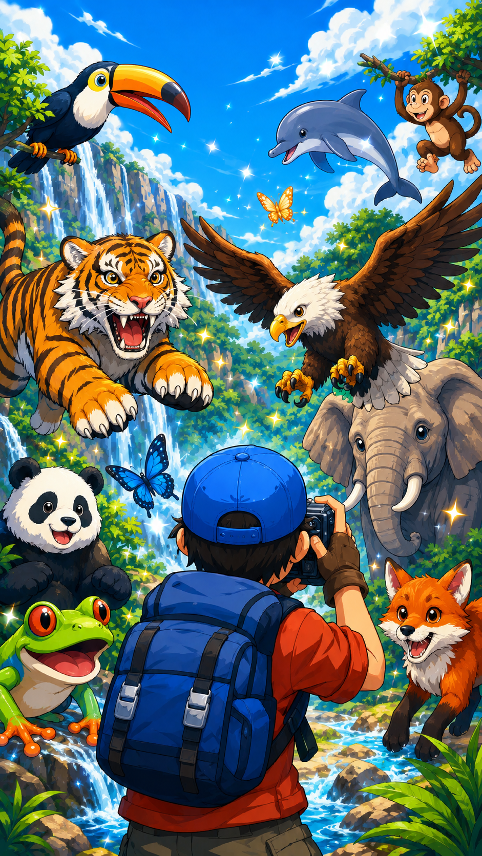 An explorer photographing animals in a bright forest